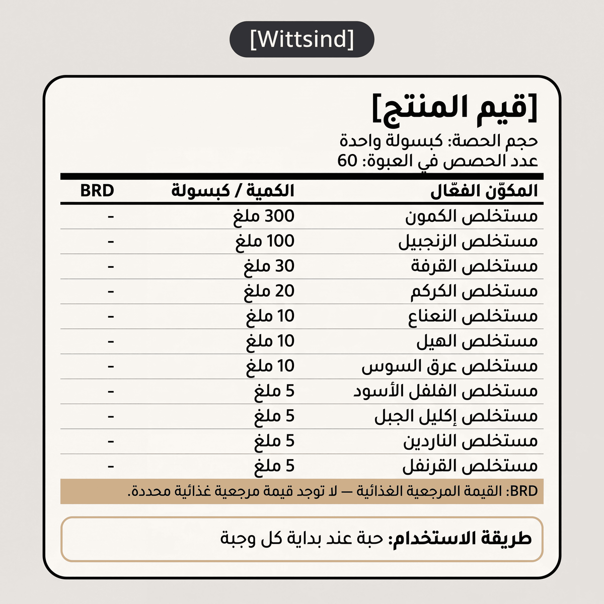Wittsind – مكمل طبيعي للانتفاخ والامساك ومشاكل الهضم | 60 كبسولة